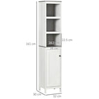 Antique white freestanding tower cabinet with 3 open shelves and bottom door, vertical layout