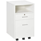 White lockable filing cabinet with two drawers and caster wheels