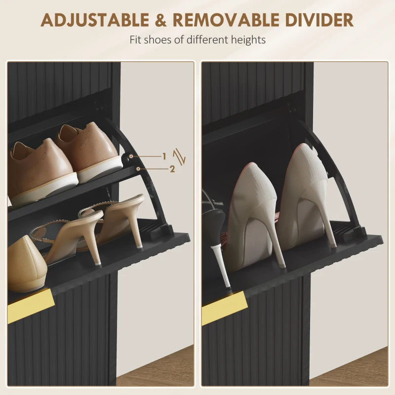Black shoe cabinet with adjustable removable divider panels for different shoe heights.
