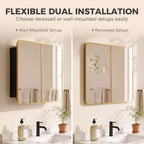 Bathroom mirror cabinet with two hinged doors in wall-mounted and recessed views
