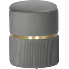 Grey velvet-feel storage ottoman with ribbed sides and gold-tone band, round lid