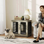 Gray dog crate end table furniture with two front doors and soft cushion seat inside.