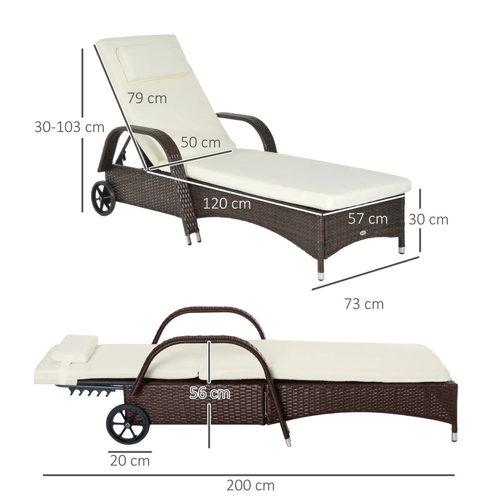 Brown Rattan Sun Lounger w/ Adjustable Steel Frame,200Lx73Wx56-103H cm - Bobobiy