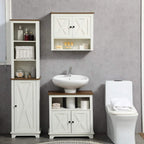 White bathroom vanity set with under-sink cabinet doors and shelf area beneath a sink