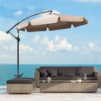 Banana cantilever umbrella with light brown canopy and crank pole, outdoor setup