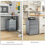 Grey rolling under-desk file cabinet with three drawers and lockable front panel