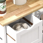 White cart with open drawer compartments under the wood tabletop.