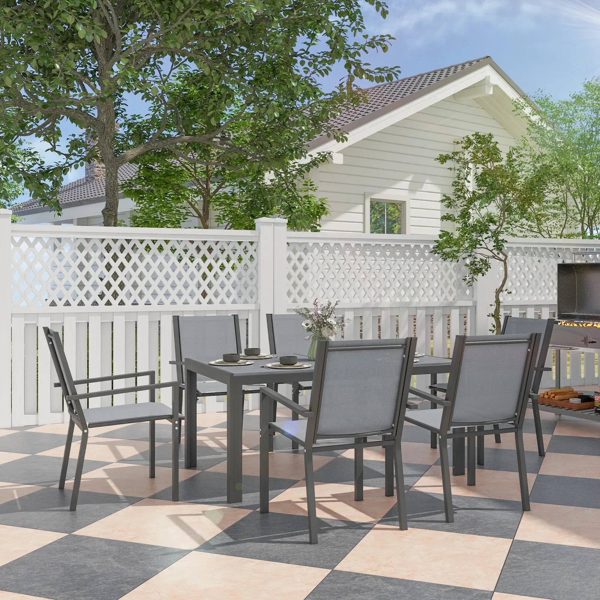 Seven-Piece Garden Dining Set, with Plastic Wood-Top Table - Grey - Bobobiy