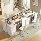 White multi-station desk setup with drawers and open storage shelves