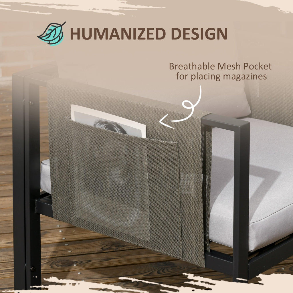 4 Piece Metal Garden Furniture Set with Tempered Glass Coffee Table, Texteline Pocket, Outdoor Set Loveseat Single Armchairs with Padded Cushions, Light Grey - Bobobiy