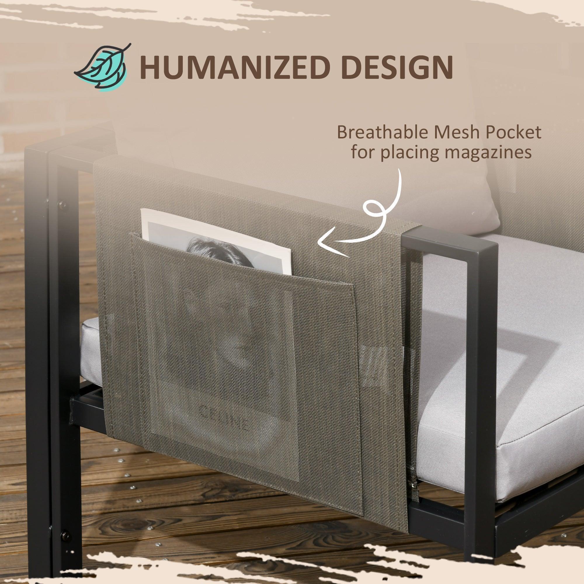 4 Piece Metal Garden Furniture Set with Tempered Glass Coffee Table, Texteline Pocket, Outdoor Set Loveseat Single Armchairs with Padded Cushions, Light Grey - Bobobiy