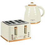 Beige electric kettle with copper-toned lid and a 4-slice toaster, compact countertop set