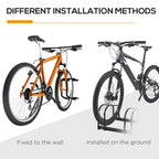 Black bike parking rack for wall mount or ground installation with six U-shaped holders
