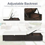 Brown rattan adjustable recliner sun lounger with white seat cushion and recline mechanism