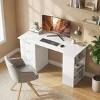 White computer desk with tabletop, 3 drawers on the left, and an open side shelf