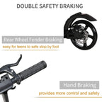 Black kick scooter with front disc brake wheel and rear fender foot brake