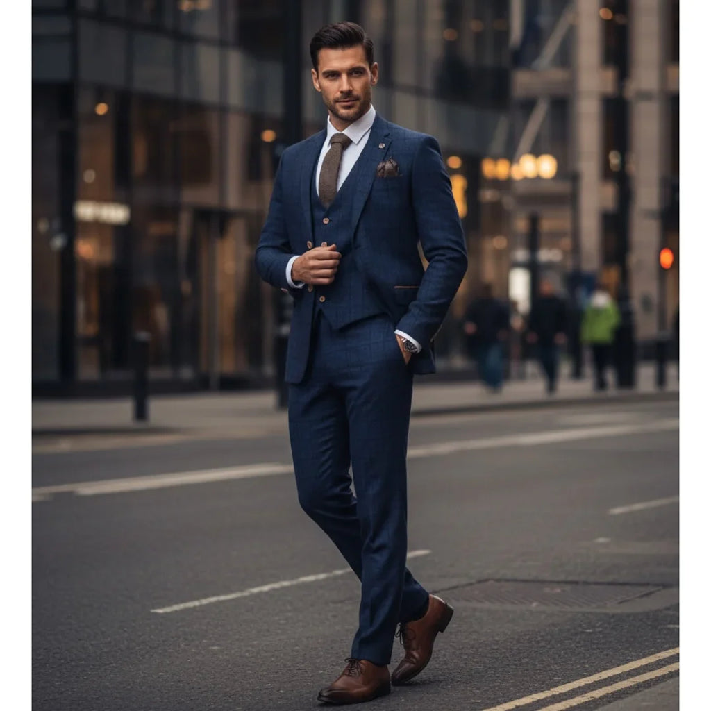 IM11 - Men's Navy 3 Piece Plaid Check Suit