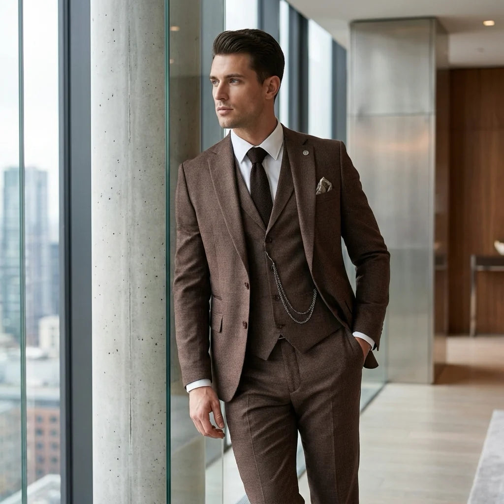 TP-50 - Men's Brown 3 Piece Prince Of Wales Check Suit