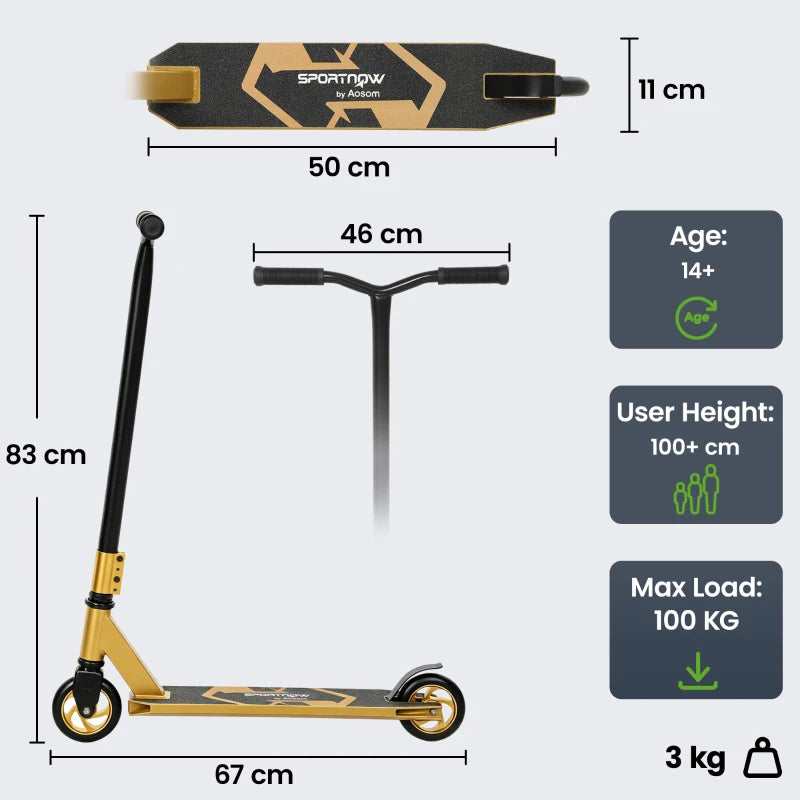 Gold-tone aluminum deck stunt scooter with black handlebar and rear wheel