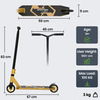 Gold-tone aluminum deck stunt scooter with black handlebar and rear wheel