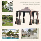 Brown hexagon gazebo canopy with side curtains and open railing panels