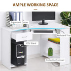 White corner desk with keyboard tray, CPU stand, and drawer storage