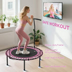 Pink mini trampoline with adjustable handle and non-slip rubber feet