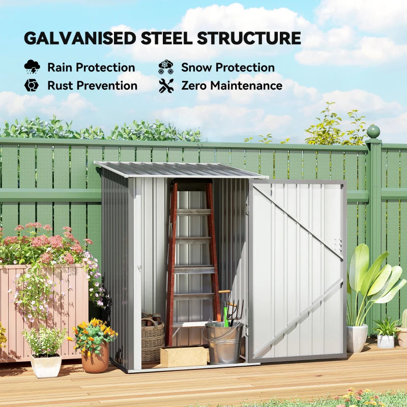 Grey galvanized steel garden shed with open doorway and ladder inside