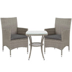 Grey 3-piece rattan bistro set with two cushioned chairs and a small table