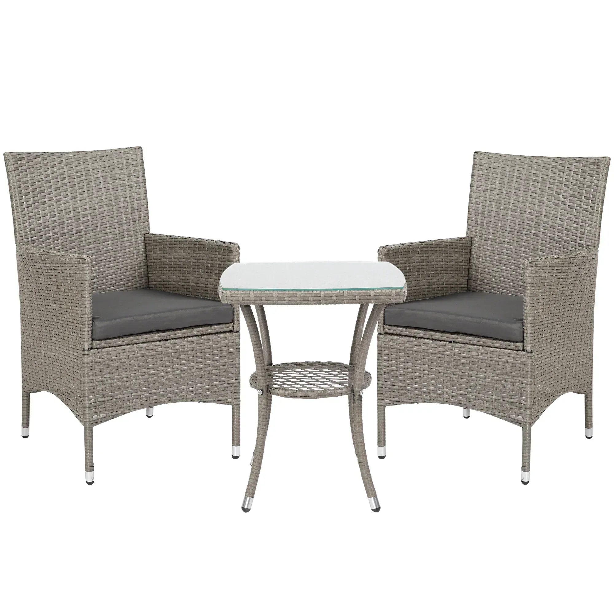 3 Pieces Rattan Bistro Set, Wicker Garden Furniture Set with 2-Tier Coffee Table and Chairs, Washable Cushions, for Outdoor Patio Balcony, Grey - Bobobiy