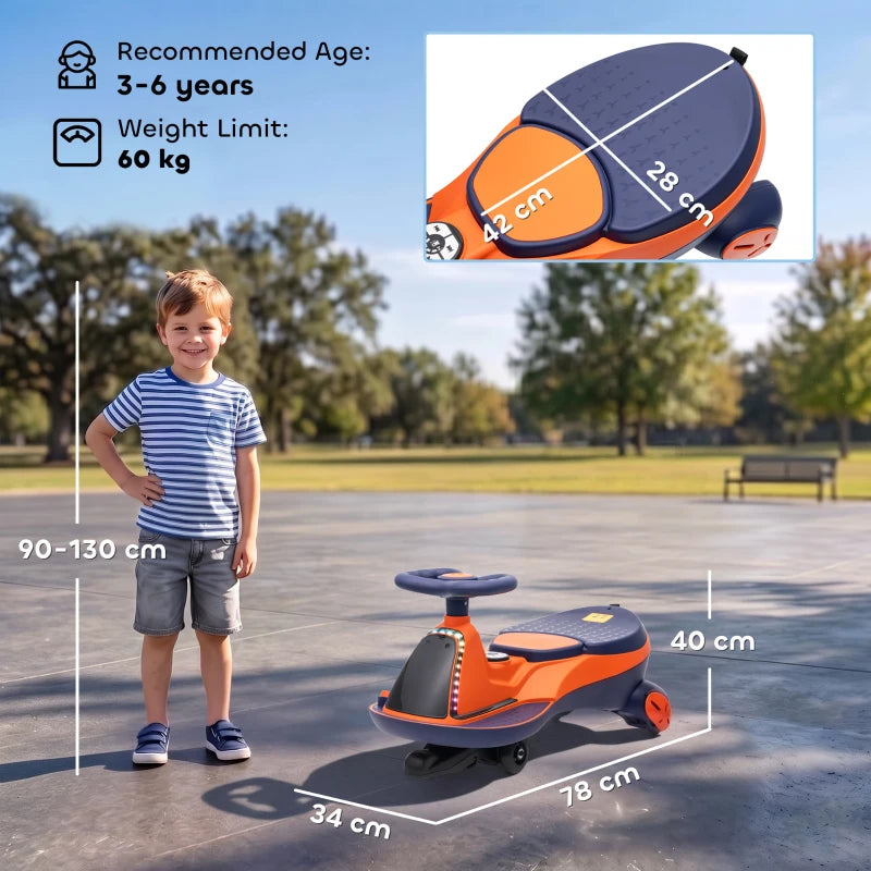 Orange electric kids ride-on wiggle car with blue seat and RGB wheel lights