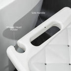 White shower stool with side handle and shower head holder, padded seat