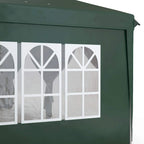 Dark green gazebo wall panel with white-framed window sections