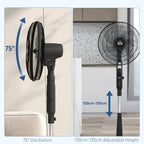 Black pedestal fan with 75° oscillation and 120–135cm adjustable height