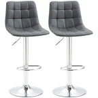 Set of 2 grey tufted swivel bar stools with cushioned seat and back, chrome bases