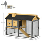 Outdoor rabbit hutch with run dimensions, black wire mesh, wooden frame, dark asphalt roof