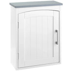White bathroom wall cabinet with arched door, light grey top, and side strip handle