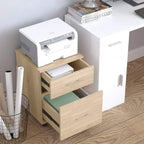 Oak two-drawer filing cabinet with one drawer pulled out for storage