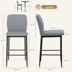 Grey bar stool with backrest and footrest, black frame; height and width shown