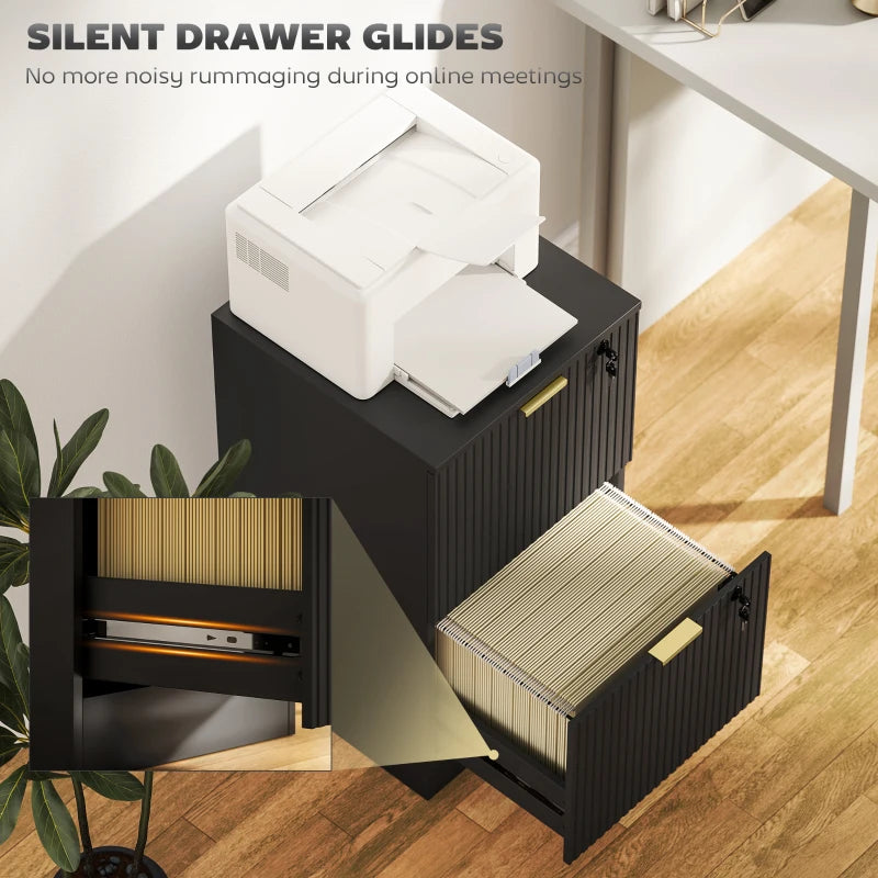 Black filing cabinet with open drawer and hanging rail, smooth gliding movement