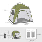 Green dome camping tent layout diagram with open entrances and four-door layout