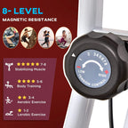 8-level magnetic resistance knob on red exercise bike with numbered tension control dial