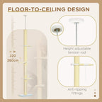 Cream floor-to-ceiling cat tree with adjustable tension rod and anti-tipping fittings graphic.
