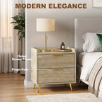 Natural wood bedside table with two drawers, fluted panels, and gold metal legs