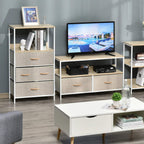 Light grey storage chest with open shelves and four fabric drawers, wood top