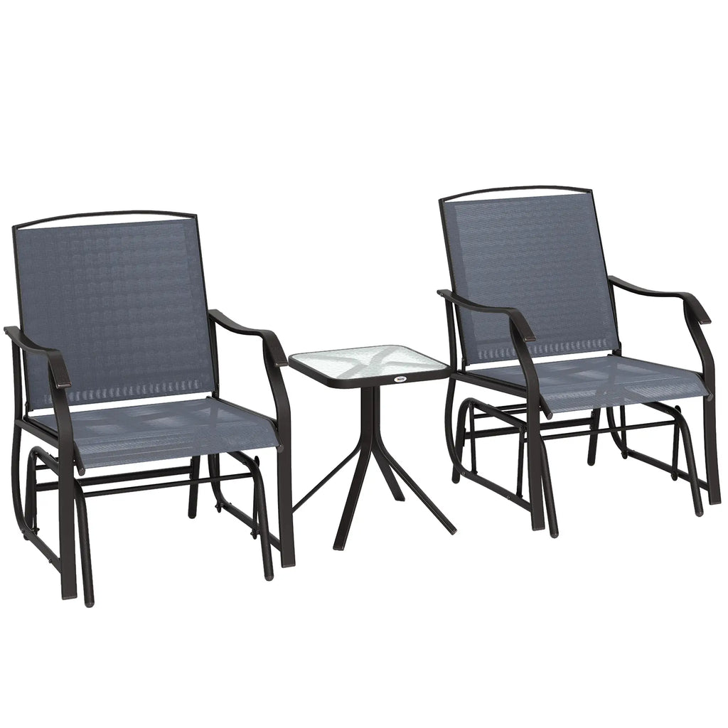 Grey textilene rocking chair and table set with two chairs and a tempered glass table