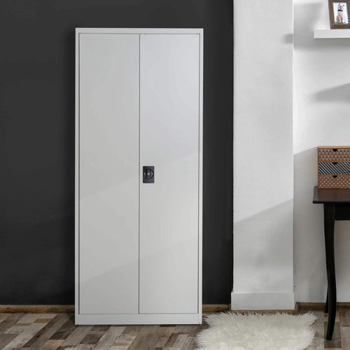 White tall filing cabinet with two hinged doors and a small keyed lock on the front.