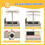 Grey wooden sandbox with adjustable canopy design and height/angle adjustment knobs