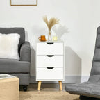 White bedside cabinet with three drawers and light pine tapered legs