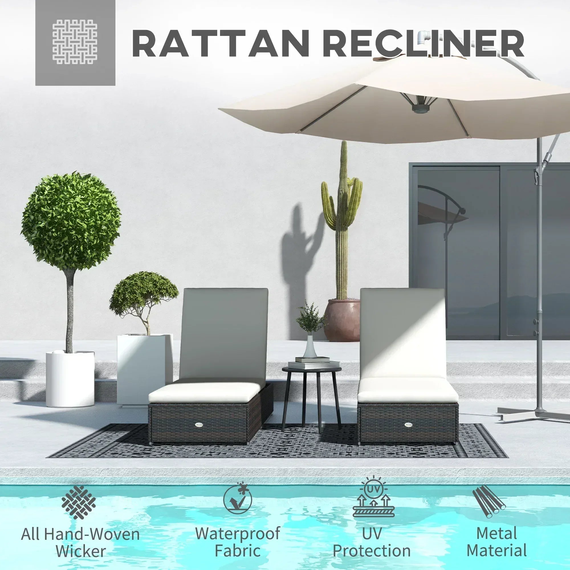 Set of Two Rattan Sun Loungers, with Reclining Backs - Brown/Cream - Bobobiy